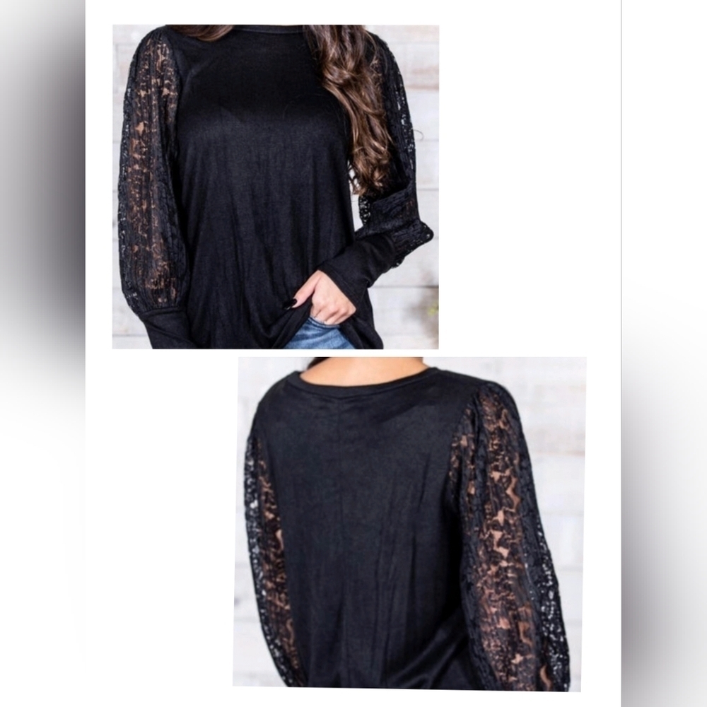 1744)Haptics by Holly Harper Black Lace- Puff Sleeve Crew neck Top  Plus Size 1X
